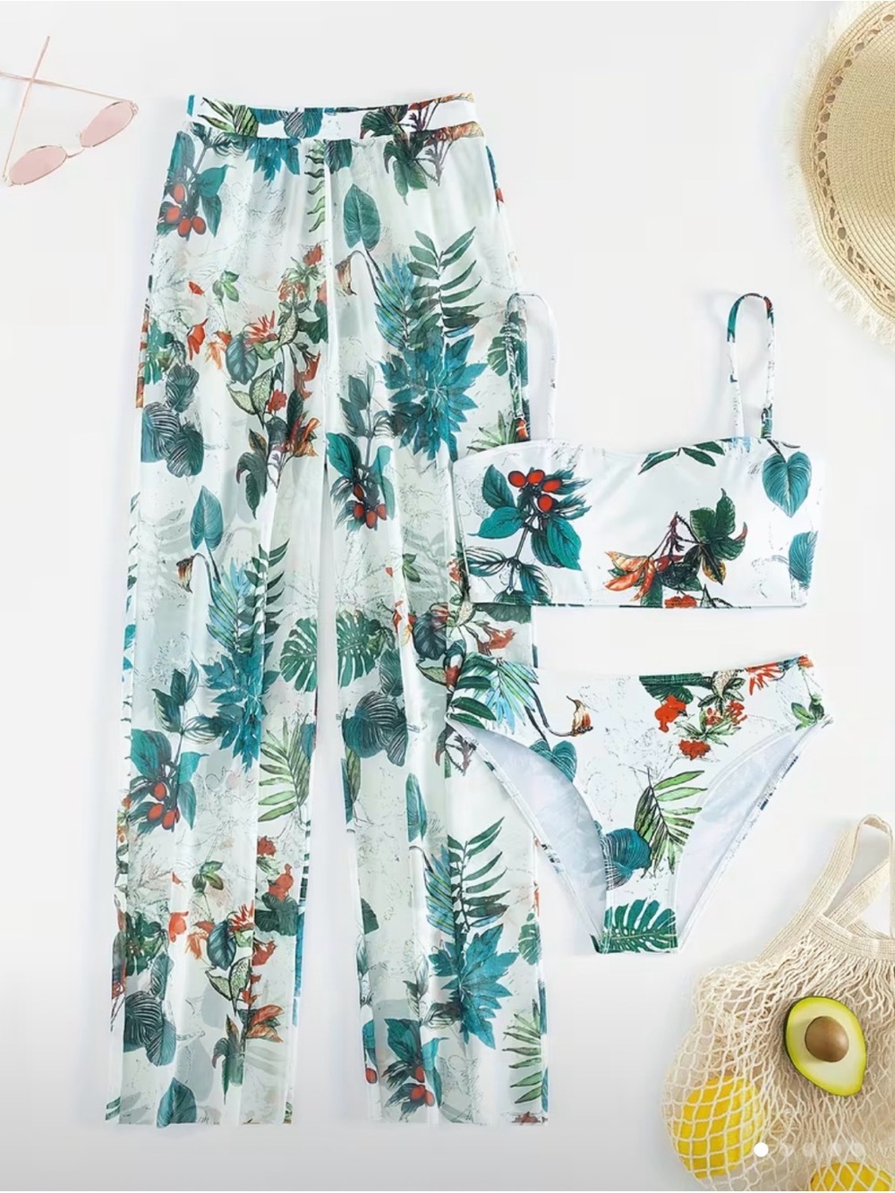 Amazon White Tropical Print Bikini Set with Sheer Pants